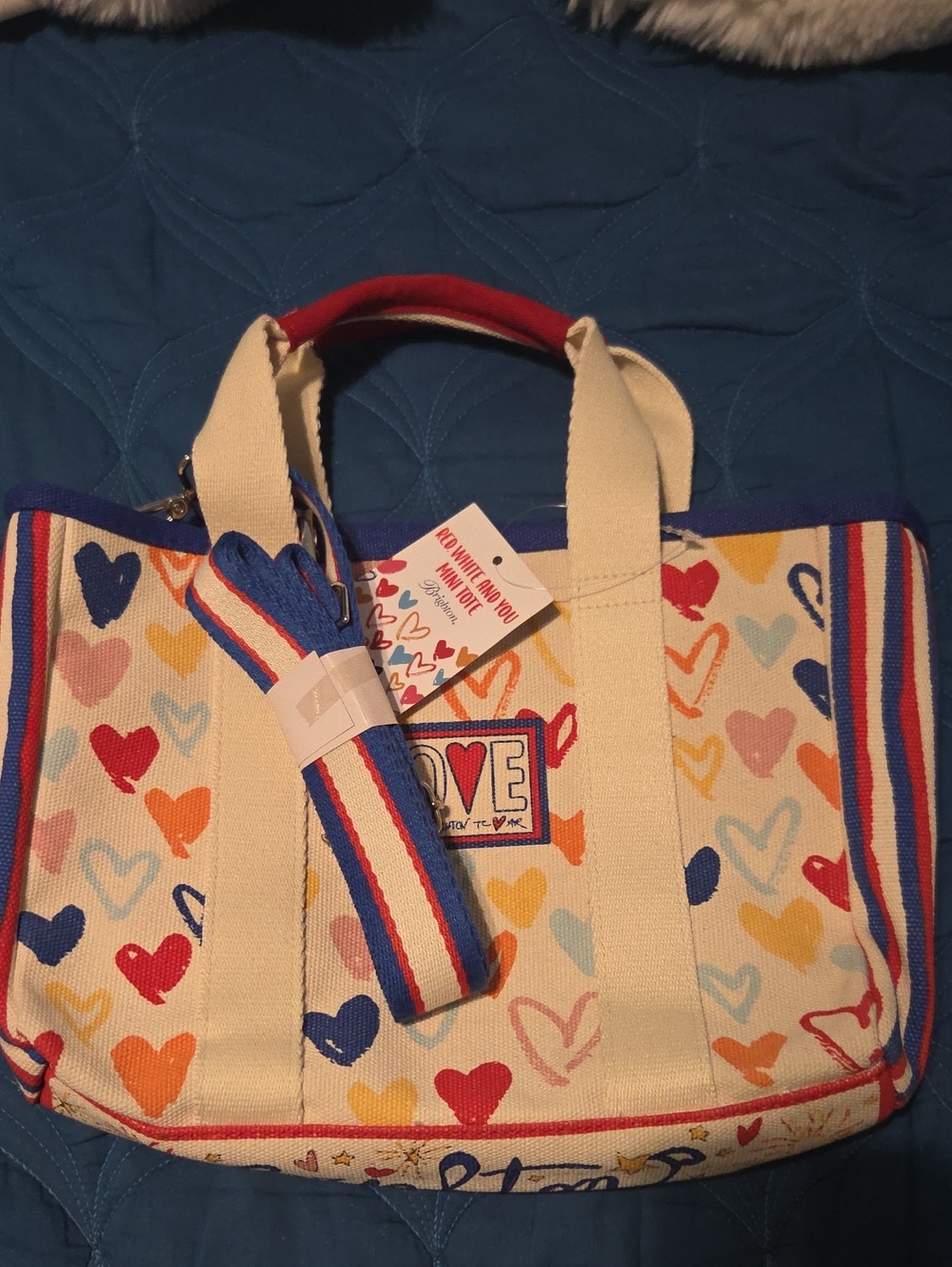 Brighton Cream Canvas Tote with Multicolor Heart Print and Blue Trim